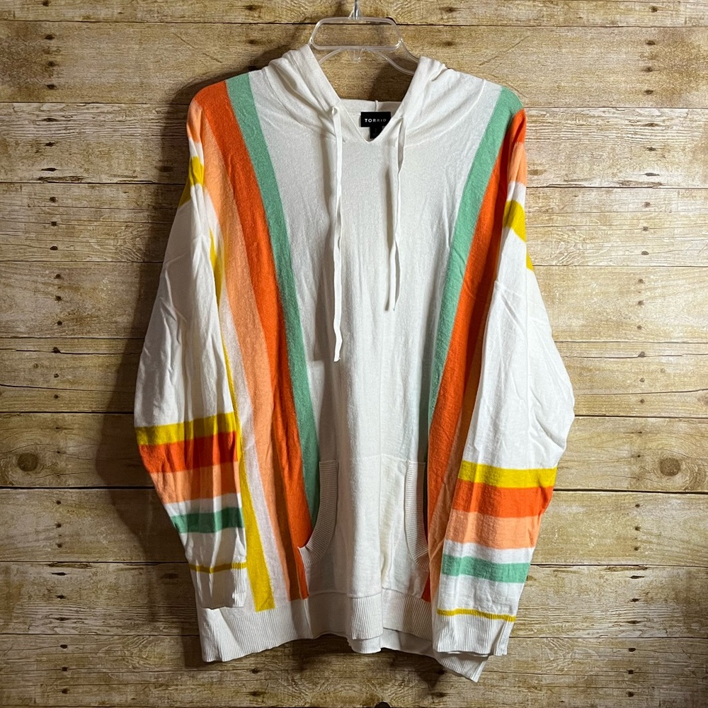 Torrid Women’s Hoodie Cream Orange Green Yellow Stripe Sweater Top EUC Size 2X